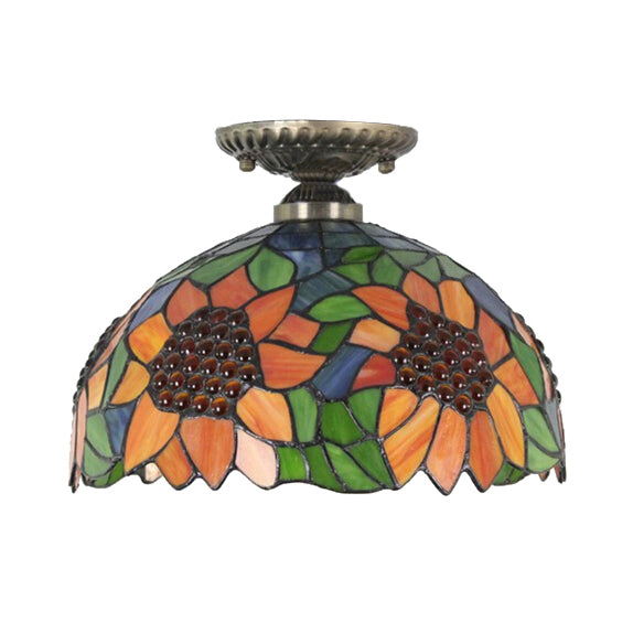 Bedroom Ceiling Light Tiffany 2-Light Domed Semi Flush Mount Light with Sunflower Pattern in Brass/Bronze Clearhalo 'Ceiling Lights' 'Chandeliers' 'Close To Ceiling Lights' 'Close to ceiling' 'Glass shade' 'Glass' 'Island Lights' 'Semi-flushmount' 'Tiffany close to ceiling' 'Tiffany' Lighting' 21569