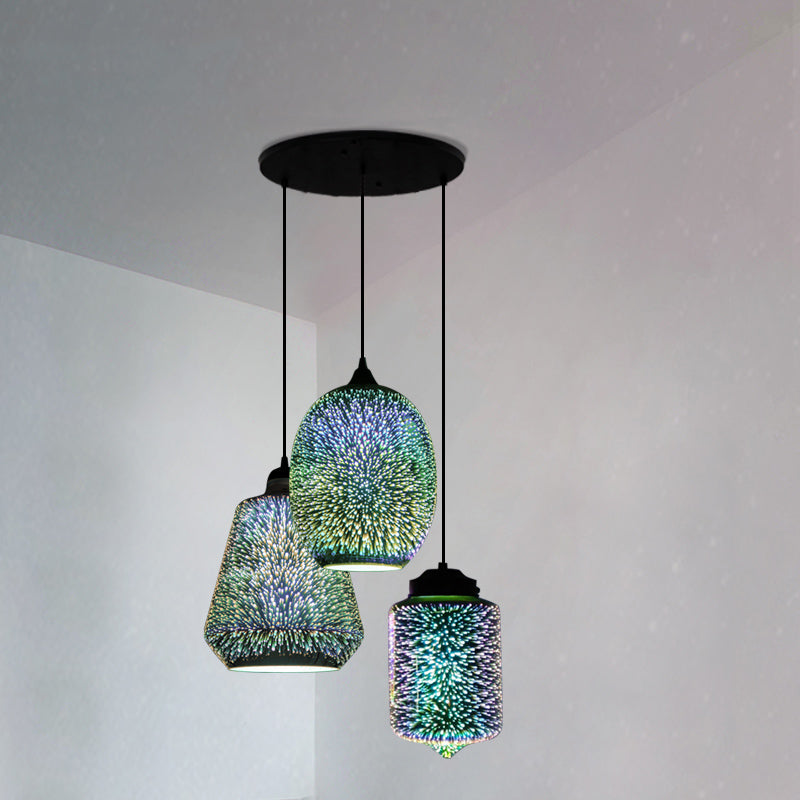 Geometric Restaurant Multi Light Pendant 3D Glass Modern Style Hanging Lighting in Black Black A Round Clearhalo 'Ceiling Lights' 'Close To Ceiling Lights' 'Glass shade' 'Glass' 'Modern Pendants' 'Modern' 'Pendant Lights' 'Pendants' Lighting' 2162454