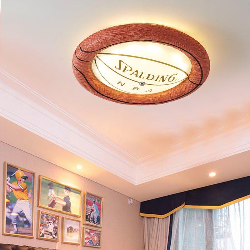 Brown Round Ceiling Mounted Light Cartoon LED Resin and Frosted Glass Flush Light with Basketball Design, Warm/White Light Clearhalo 'Ceiling Lights' 'Close To Ceiling Lights' 'Close to ceiling' 'Flush mount' Lighting' 216279