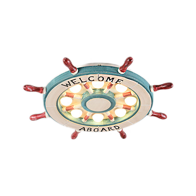 Nautical Rudder Shade Flushmount Lighting Wood 8 Lights Children Room Green/Red Ceiling Lamp, Warm/White Light Clearhalo 'Ceiling Lights' 'Close To Ceiling Lights' 'Close to ceiling' 'Flush mount' Lighting' 216447