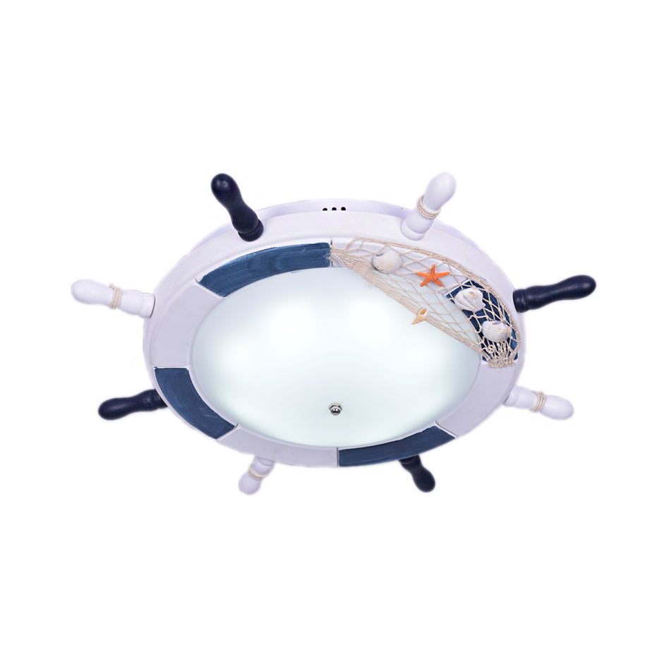 Rudder Wooden Flush Mount Lamp Nautical Style LED White Ceiling Mounted Light with Frosted Glass Shade Clearhalo 'Ceiling Lights' 'Close To Ceiling Lights' 'Close to ceiling' 'Flush mount' Lighting' 216652