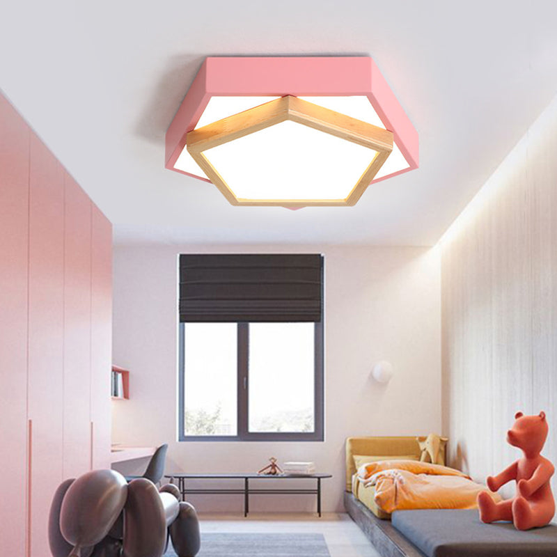 Pentagon Flush Mount Macaron Acrylic Pink/Blue/Green LED Flush Mount Lamp in White/Warm/Natural Light, 14"/18"/21.5" Wide Pink Clearhalo 'Ceiling Lights' 'Close To Ceiling Lights' 'Close to ceiling' 'Flush mount' Lighting' 216668