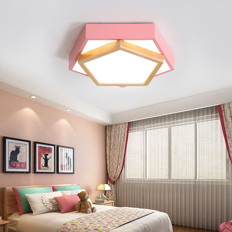 Pentagon Flush Mount Macaron Acrylic Pink/Blue/Green LED Flush Mount Lamp in White/Warm/Natural Light, 14"/18"/21.5" Wide Clearhalo 'Ceiling Lights' 'Close To Ceiling Lights' 'Close to ceiling' 'Flush mount' Lighting' 216669