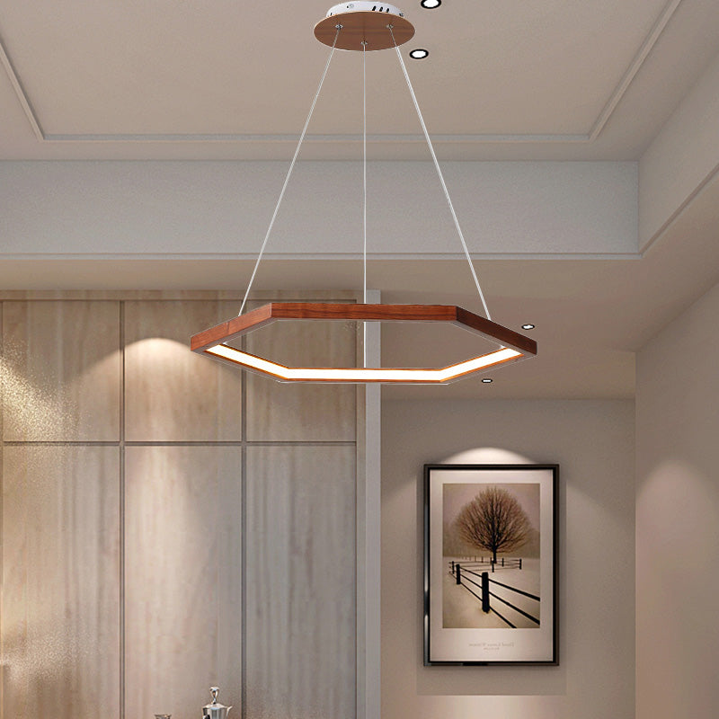Hexagonal Pendant Chandelier Contemporary Acrylic LED Light/Dark Wood Hanging Ceiling Light, 16"/19.5"/23.5" Wide Dark Wood Clearhalo 'Carpenter Chandeliers' 'Ceiling Lights' 'Chandeliers' 'Industrial' 'Modern Chandeliers' 'Modern' Lighting' 216830