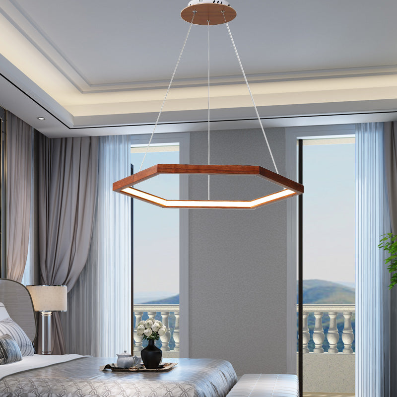 Hexagonal Pendant Chandelier Contemporary Acrylic LED Light/Dark Wood Hanging Ceiling Light, 16"/19.5"/23.5" Wide Clearhalo 'Carpenter Chandeliers' 'Ceiling Lights' 'Chandeliers' 'Industrial' 'Modern Chandeliers' 'Modern' Lighting' 216832