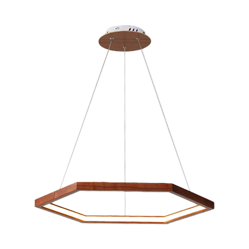 Hexagonal Pendant Chandelier Contemporary Acrylic LED Light/Dark Wood Hanging Ceiling Light, 16"/19.5"/23.5" Wide Clearhalo 'Carpenter Chandeliers' 'Ceiling Lights' 'Chandeliers' 'Industrial' 'Modern Chandeliers' 'Modern' Lighting' 216834