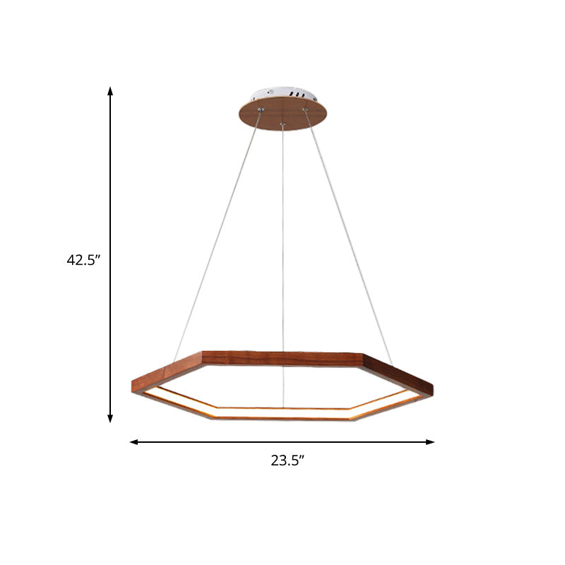 Hexagonal Pendant Chandelier Contemporary Acrylic LED Light/Dark Wood Hanging Ceiling Light, 16"/19.5"/23.5" Wide Clearhalo 'Carpenter Chandeliers' 'Ceiling Lights' 'Chandeliers' 'Industrial' 'Modern Chandeliers' 'Modern' Lighting' 216835