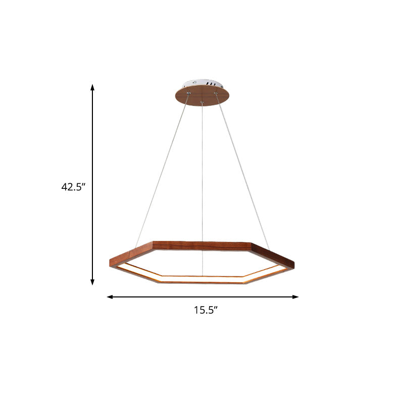 Hexagonal Pendant Chandelier Contemporary Acrylic LED Light/Dark Wood Hanging Ceiling Light, 16"/19.5"/23.5" Wide Clearhalo 'Carpenter Chandeliers' 'Ceiling Lights' 'Chandeliers' 'Industrial' 'Modern Chandeliers' 'Modern' Lighting' 216837