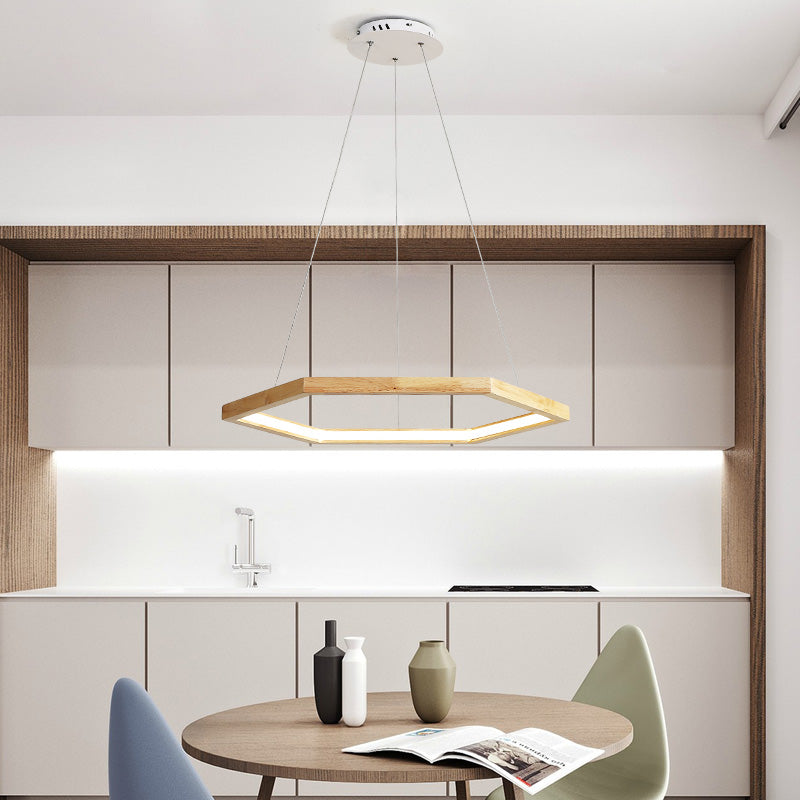 Hexagonal Pendant Chandelier Contemporary Acrylic LED Light/Dark Wood Hanging Ceiling Light, 16"/19.5"/23.5" Wide Light Wood Clearhalo 'Carpenter Chandeliers' 'Ceiling Lights' 'Chandeliers' 'Industrial' 'Modern Chandeliers' 'Modern' Lighting' 216838