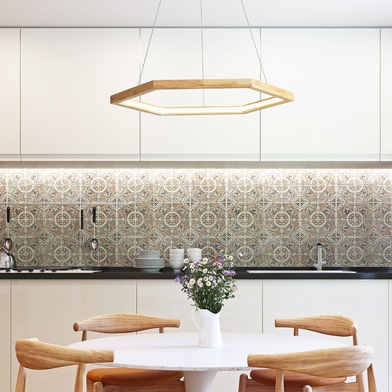 Hexagonal Pendant Chandelier Contemporary Acrylic LED Light/Dark Wood Hanging Ceiling Light, 16"/19.5"/23.5" Wide Clearhalo 'Carpenter Chandeliers' 'Ceiling Lights' 'Chandeliers' 'Industrial' 'Modern Chandeliers' 'Modern' Lighting' 216839