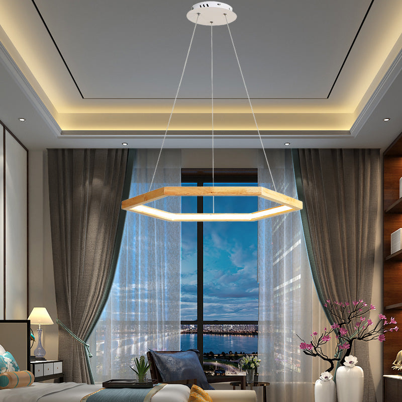 Hexagonal Pendant Chandelier Contemporary Acrylic LED Light/Dark Wood Hanging Ceiling Light, 16"/19.5"/23.5" Wide Clearhalo 'Carpenter Chandeliers' 'Ceiling Lights' 'Chandeliers' 'Industrial' 'Modern Chandeliers' 'Modern' Lighting' 216840