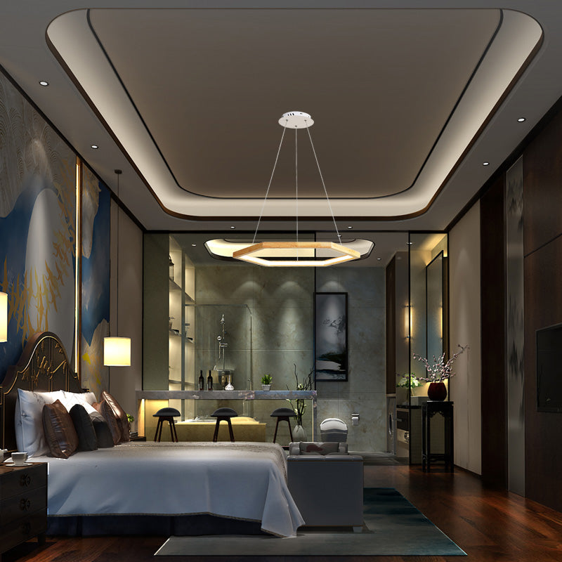 Hexagonal Pendant Chandelier Contemporary Acrylic LED Light/Dark Wood Hanging Ceiling Light, 16"/19.5"/23.5" Wide Clearhalo 'Carpenter Chandeliers' 'Ceiling Lights' 'Chandeliers' 'Industrial' 'Modern Chandeliers' 'Modern' Lighting' 216843