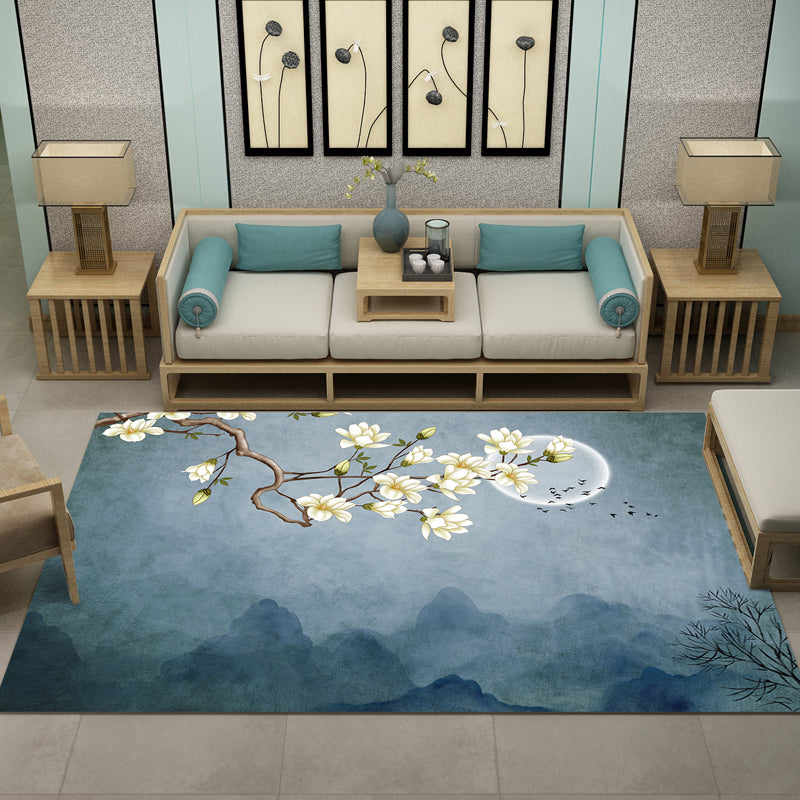 Pretty Multi Color Chinese Rug Synthetics Flower Drawing Print Carpet Machine Wash Anti-Slip Backing Pet Friendly Rug for Living Room Blue Clearhalo 'Area Rug' 'Rug' 2170427