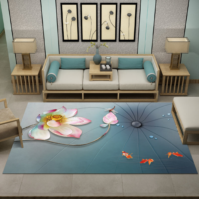 Pretty Multi Color Chinese Rug Synthetics Flower Drawing Print Carpet Machine Wash Anti-Slip Backing Pet Friendly Rug for Living Room Light Blue Clearhalo 'Area Rug' 'Rug' 2170431