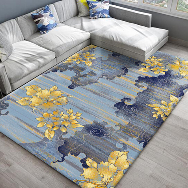 Chic Oriental Rug Polyester Flower Botanical Rug Non-Slip Machine Washable Pet Friendly Carpet for Family Room Dark Blue Clearhalo 'Area Rug' 'Rug' 2170469