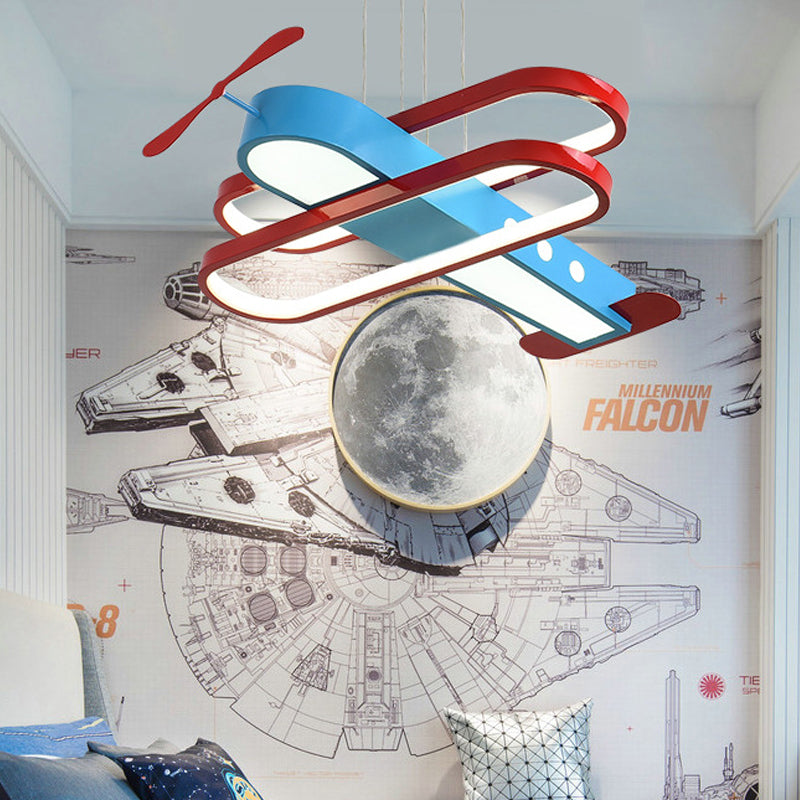 Cartoon LED Chandelier Pendant Light with Acrylic Shade Red and Blue 18"/23.5" W Aircraft Hanging Light, Warm/White Light Red-Blue Clearhalo 'Ceiling Lights' 'Chandeliers' Lighting' options 217549_3532e2aa-0a8a-4eda-9aaf-23227bde437a