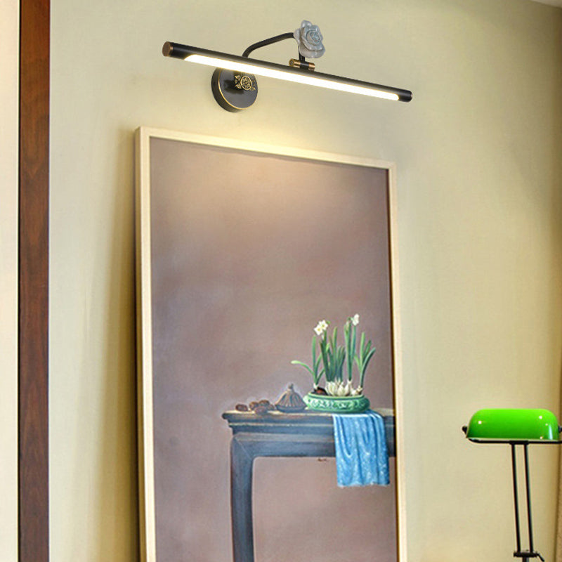 Black/Antique Brass Elongated Vanity Light Fixture Classic Metal LED 14"/18"/23" W Bathroom Sconce Lamp in White/Warm/Natural Light Black 14" Clearhalo 'Vanity Lights' 'Wall Lights' Lighting' 217565