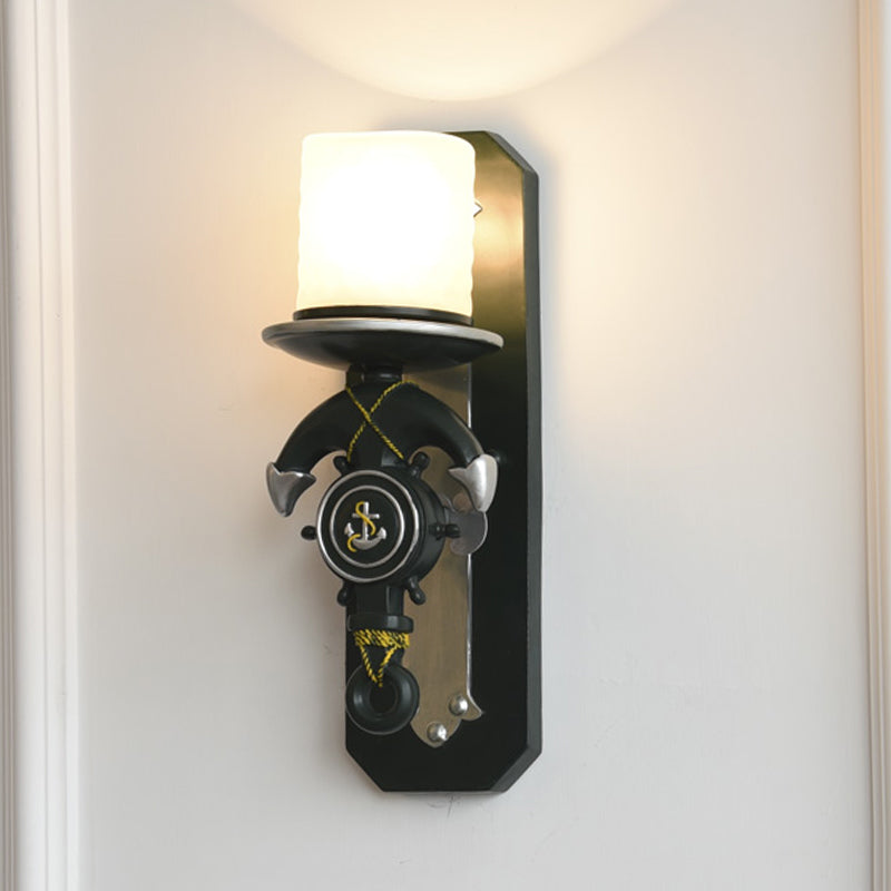 1 Head Indoor Wall Sconce Lamp Nautical Style Blue/White Wall Lighting with Cylinder Opal Glass Shade and Anchor Design Clearhalo 'Wall Lamps & Sconces' 'Wall Lights' Lighting' 218033