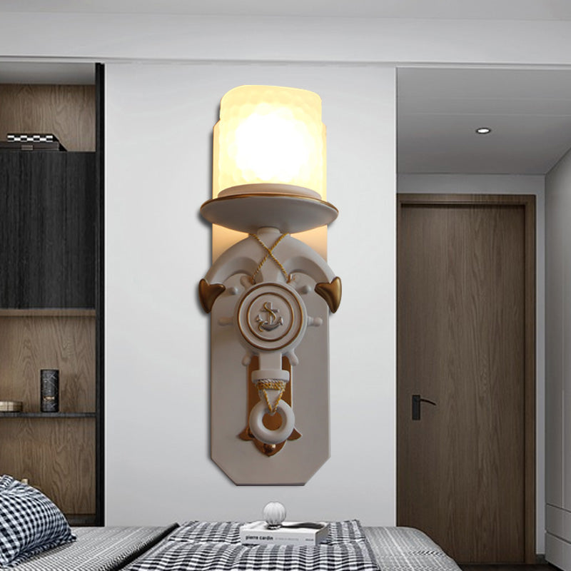 1 Head Indoor Wall Sconce Lamp Nautical Style Blue/White Wall Lighting with Cylinder Opal Glass Shade and Anchor Design White Clearhalo 'Wall Lamps & Sconces' 'Wall Lights' Lighting' 218035