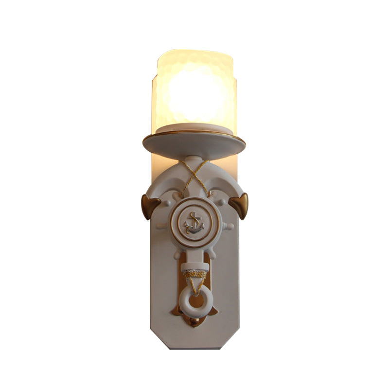 1 Head Indoor Wall Sconce Lamp Nautical Style Blue/White Wall Lighting with Cylinder Opal Glass Shade and Anchor Design Clearhalo 'Wall Lamps & Sconces' 'Wall Lights' Lighting' 218037