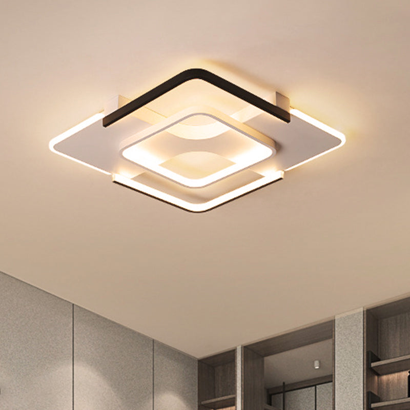 Squared Bedroom Ceiling Flush Light Black-White Metal Contemporary 16"/19.5" Wide LED Flushmount Lighting in Warm/White Light Black-White Clearhalo 'Ceiling Lights' 'Close To Ceiling Lights' 'Close to ceiling' 'Flush mount' Lighting' 2181687