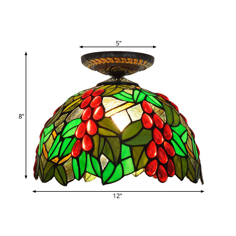12"/16.5" W Victorian Domed Flush Ceiling Light 1 Light Stained Glass Lighting Fixture in Brass with Grape Pattern Clearhalo 'Ceiling Lights' 'Close To Ceiling Lights' 'Close to ceiling' 'Flush mount' Lighting' 2181706
