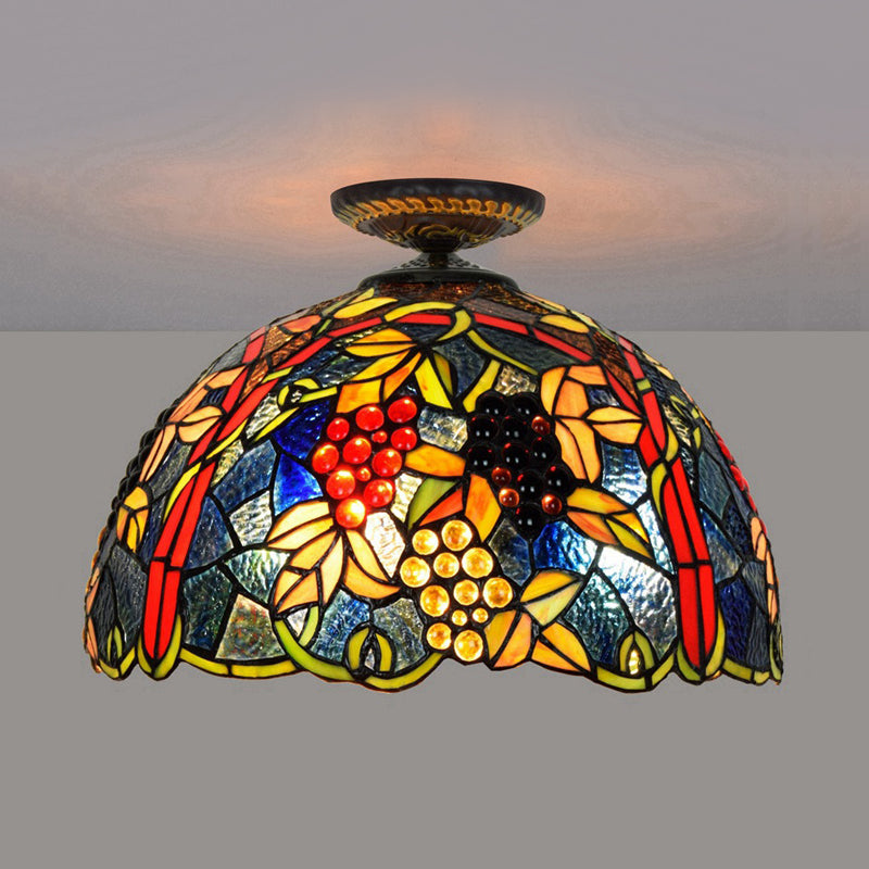 12"/16.5" W Victorian Domed Flush Ceiling Light 1 Light Stained Glass Lighting Fixture in Brass with Grape Pattern Brass 16.5" Clearhalo 'Ceiling Lights' 'Close To Ceiling Lights' 'Close to ceiling' 'Flush mount' Lighting' 2181708