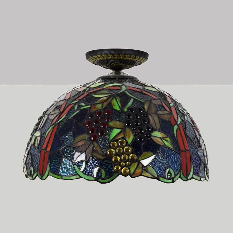 12"/16.5" W Victorian Domed Flush Ceiling Light 1 Light Stained Glass Lighting Fixture in Brass with Grape Pattern Clearhalo 'Ceiling Lights' 'Close To Ceiling Lights' 'Close to ceiling' 'Flush mount' Lighting' 2181709