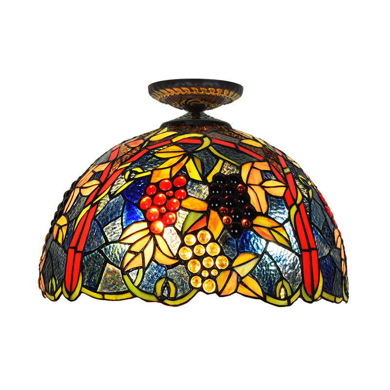 12"/16.5" W Victorian Domed Flush Ceiling Light 1 Light Stained Glass Lighting Fixture in Brass with Grape Pattern Clearhalo 'Ceiling Lights' 'Close To Ceiling Lights' 'Close to ceiling' 'Flush mount' Lighting' 2181710
