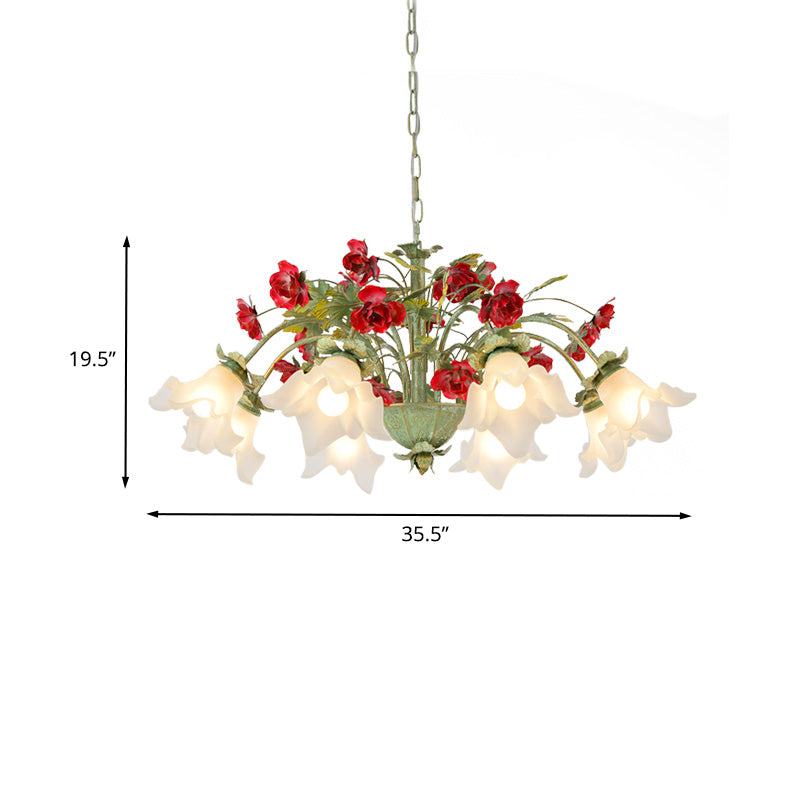 Green Spread Hanging Pendant Pastoral Style Cream Glass 3/5/8-Head Dining Room Flower Chandelier Clearhalo 'Ceiling Lights' 'Chandeliers' 'Close To Ceiling Lights' 'Glass shade' 'Glass' 'Island Lights' Lighting' 2181752