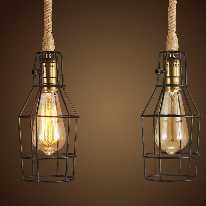 Wire Cage Dining Room Pendant Light Warehouse Metallic 1-Head Black/White/Pink Suspension Lamp with Rope Cord Clearhalo 'Ceiling Lights' 'Industrial Pendants' 'Industrial' 'Middle Century Pendants' 'Pendant Lights' 'Pendants' 'Tiffany' Lighting' 2181778