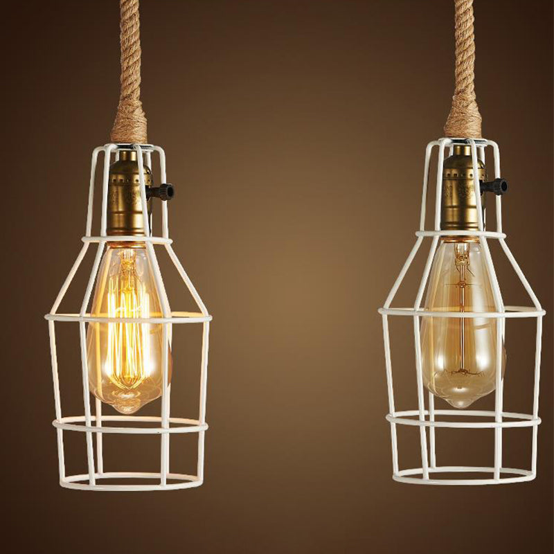 Wire Cage Dining Room Pendant Light Warehouse Metallic 1-Head Black/White/Pink Suspension Lamp with Rope Cord Clearhalo 'Ceiling Lights' 'Industrial Pendants' 'Industrial' 'Middle Century Pendants' 'Pendant Lights' 'Pendants' 'Tiffany' Lighting' 2181782