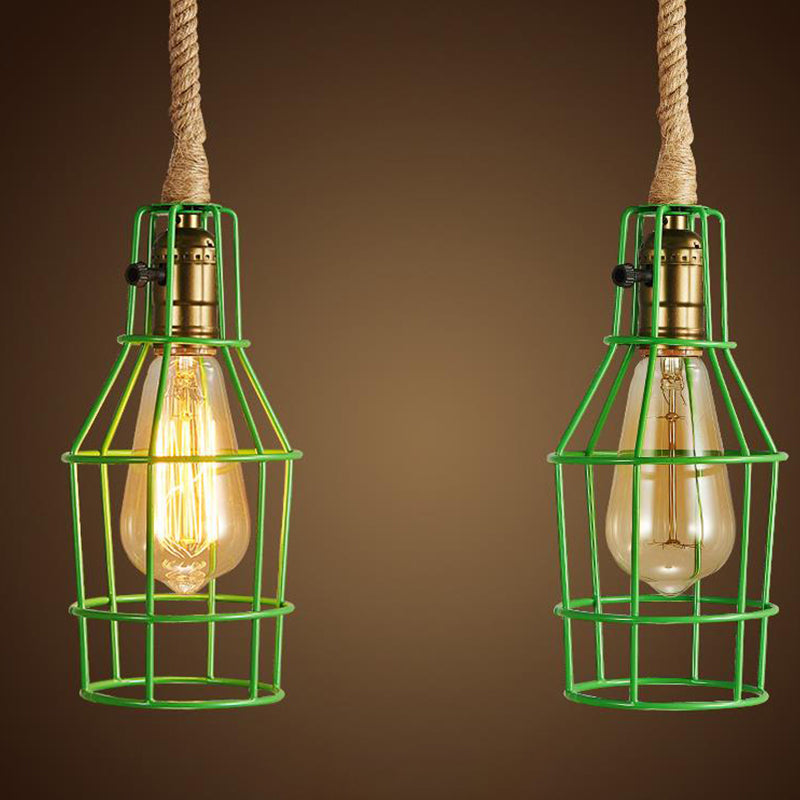 Wire Cage Dining Room Pendant Light Warehouse Metallic 1-Head Black/White/Pink Suspension Lamp with Rope Cord Clearhalo 'Ceiling Lights' 'Industrial Pendants' 'Industrial' 'Middle Century Pendants' 'Pendant Lights' 'Pendants' 'Tiffany' Lighting' 2181784