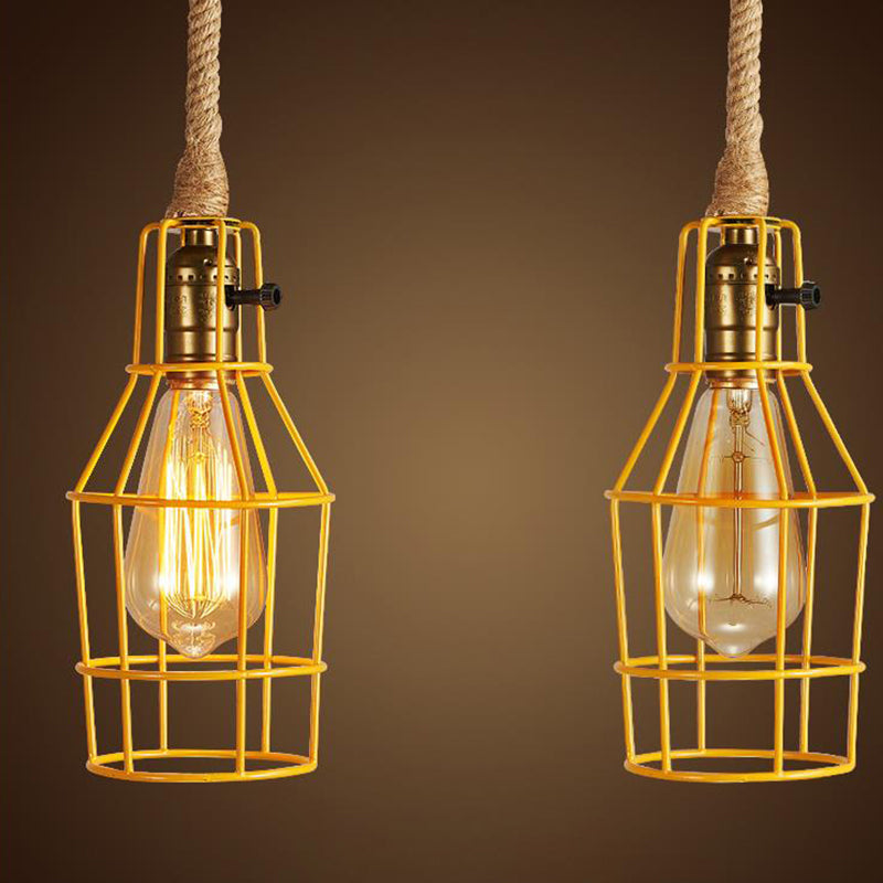 Wire Cage Dining Room Pendant Light Warehouse Metallic 1-Head Black/White/Pink Suspension Lamp with Rope Cord Clearhalo 'Ceiling Lights' 'Industrial Pendants' 'Industrial' 'Middle Century Pendants' 'Pendant Lights' 'Pendants' 'Tiffany' Lighting' 2181788