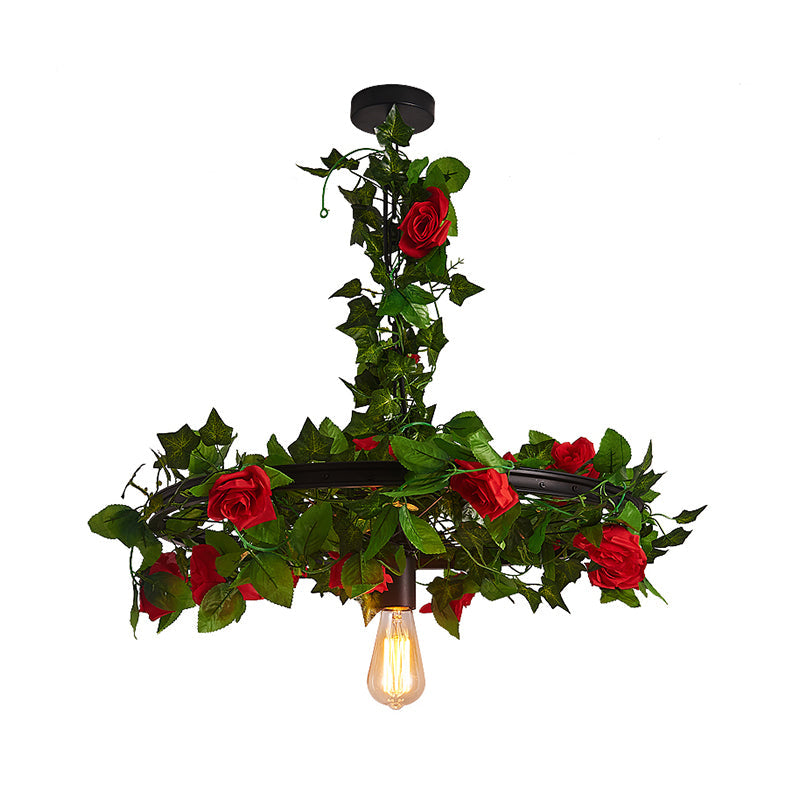 Black Wagon Wheel Ceiling Lamp Farmhouse Metallic 10"/15"/19" W 1-Light Restaurant Pendant Lighting Fixture with Plant Deco Clearhalo 'Art Deco Pendants' 'Black' 'Cast Iron' 'Ceiling Lights' 'Ceramic' 'Crystal' 'Industrial Pendants' 'Industrial' 'Metal' 'Middle Century Pendants' 'Pendant Lights' 'Pendants' 'Rustic Pendants' 'Tiffany' Lighting' 2181858
