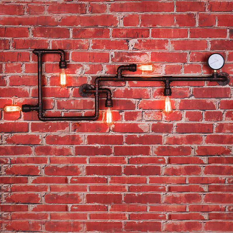 5 Heads Wall Light Fixture Warehouse Maze Metallic Sconce in Black/Rust with Open Bulb and Gauge Deco Clearhalo 'Art deco wall lights' 'Cast Iron' 'Glass' 'Industrial wall lights' 'Industrial' 'Middle century wall lights' 'Modern' 'Rustic wall lights' 'Tiffany' 'Traditional wall lights' 'Wall Lamps & Sconces' 'Wall Lights' Lighting' 2182044