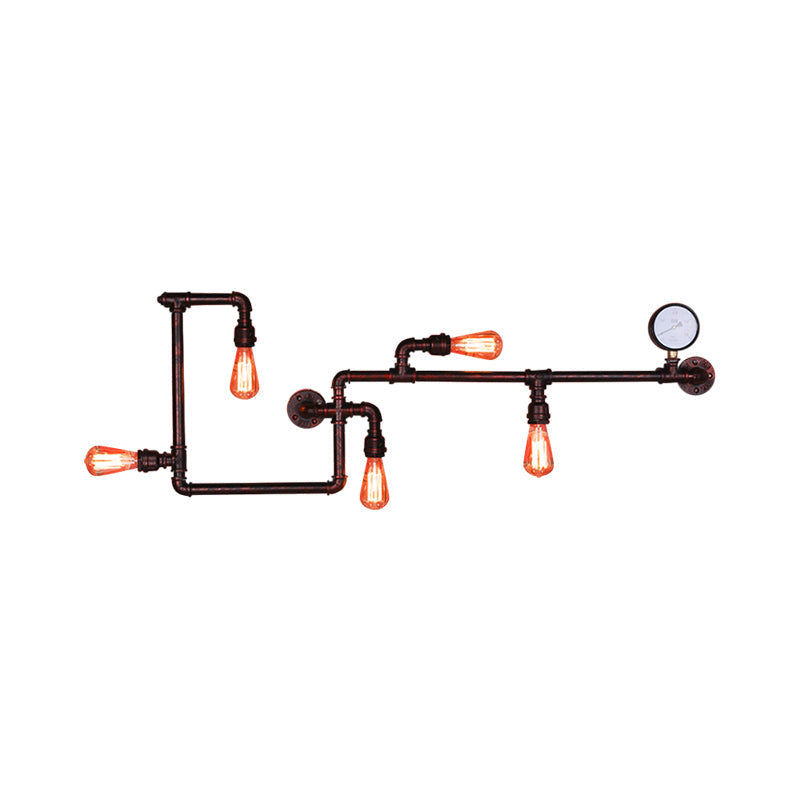 5 Heads Wall Light Fixture Warehouse Maze Metallic Sconce in Black/Rust with Open Bulb and Gauge Deco Clearhalo 'Art deco wall lights' 'Cast Iron' 'Glass' 'Industrial wall lights' 'Industrial' 'Middle century wall lights' 'Modern' 'Rustic wall lights' 'Tiffany' 'Traditional wall lights' 'Wall Lamps & Sconces' 'Wall Lights' Lighting' 2182045