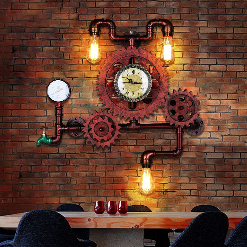 Rust Open Bulb Wall Lighting Factory Metal 2/3-Light Restaurant Sconce with Pipe and Gear Design Clearhalo 'Art deco wall lights' 'Cast Iron' 'Glass' 'Industrial wall lights' 'Industrial' 'Middle century wall lights' 'Modern' 'Rustic wall lights' 'Tiffany' 'Traditional wall lights' 'Wall Lamps & Sconces' 'Wall Lights' Lighting' 2182061