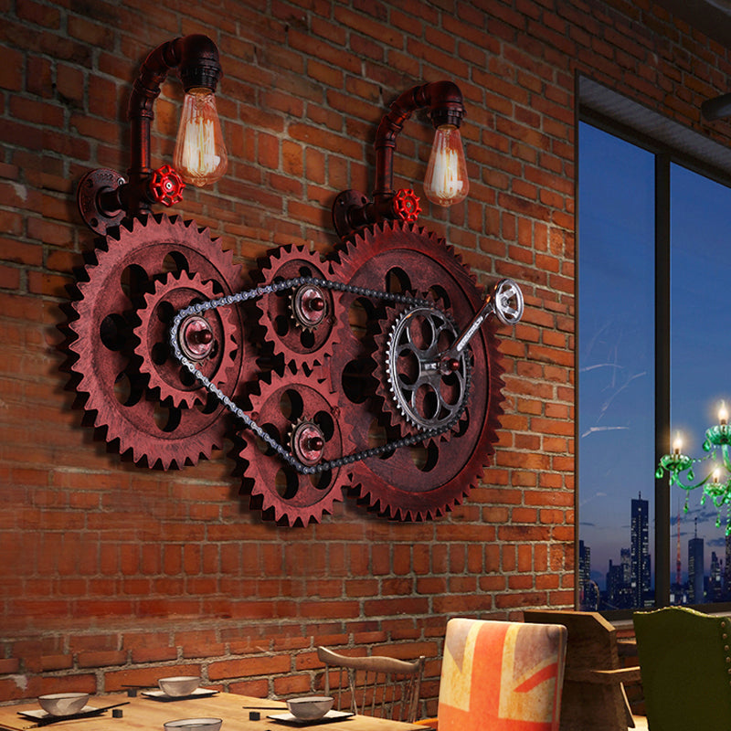 Rust Open Bulb Wall Lighting Factory Metal 2/3-Light Restaurant Sconce with Pipe and Gear Design Rust D Clearhalo 'Art deco wall lights' 'Cast Iron' 'Glass' 'Industrial wall lights' 'Industrial' 'Middle century wall lights' 'Modern' 'Rustic wall lights' 'Tiffany' 'Traditional wall lights' 'Wall Lamps & Sconces' 'Wall Lights' Lighting' 2182070