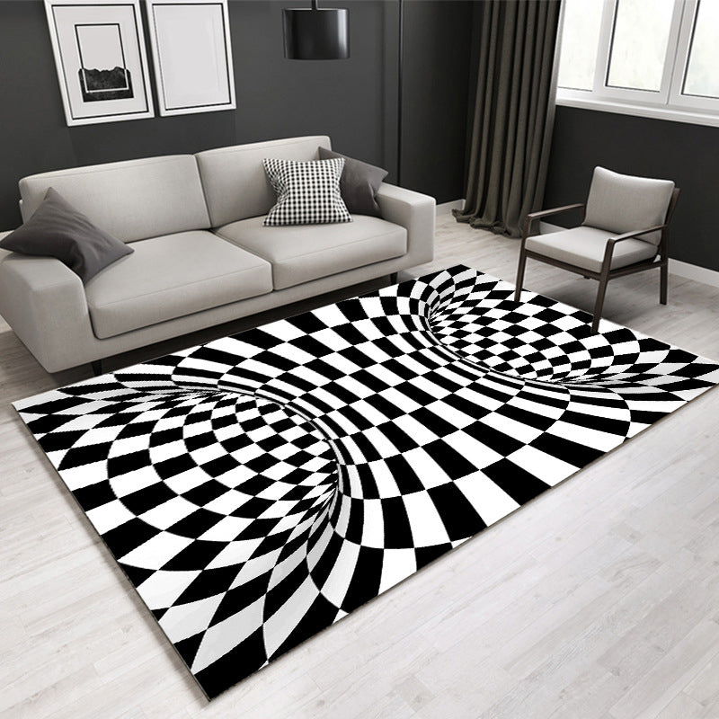 Decorative Black-White Modern Rug Polyester 3D Trick Art Checkered Pattern Rug Stain Resistant Non-Slip Backing Washable Carpet for Home Black-White Design 2 Clearhalo 'Area Rug' 'Rug' 2183841