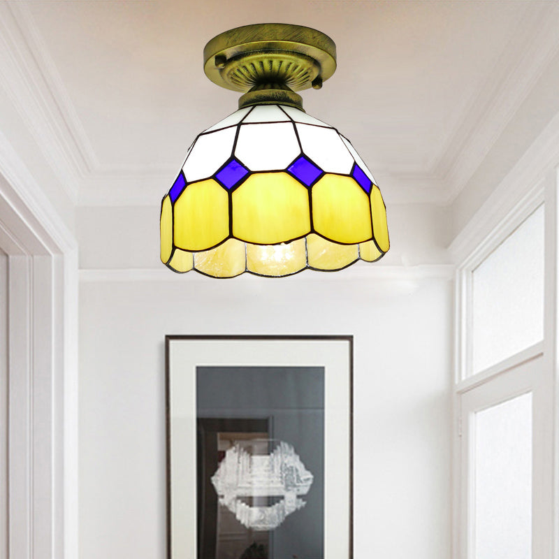 1������Head Flush Mount Light Classic Bell Shade Gridded Glass Semi Flush Ceiling Light Yellow 8" Clearhalo 'Ceiling Lights' 'Close To Ceiling Lights' 'Close to ceiling' 'Glass shade' 'Glass' 'Semi-flushmount' 'Tiffany close to ceiling' 'Tiffany' Lighting' 2186402