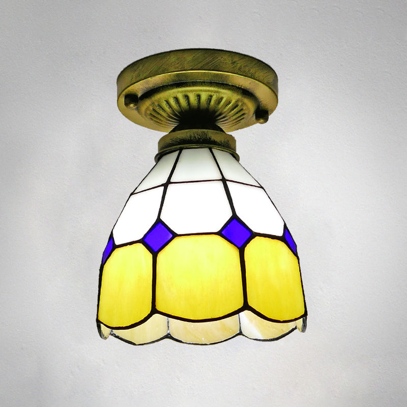 1������Head Flush Mount Light Classic Bell Shade Gridded Glass Semi Flush Ceiling Light Yellow 6" Clearhalo 'Ceiling Lights' 'Close To Ceiling Lights' 'Close to ceiling' 'Glass shade' 'Glass' 'Semi-flushmount' 'Tiffany close to ceiling' 'Tiffany' Lighting' 2186404