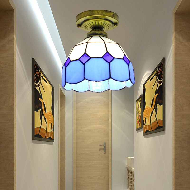 1������Head Flush Mount Light Classic Bell Shade Gridded Glass Semi Flush Ceiling Light Blue 8" Clearhalo 'Ceiling Lights' 'Close To Ceiling Lights' 'Close to ceiling' 'Glass shade' 'Glass' 'Semi-flushmount' 'Tiffany close to ceiling' 'Tiffany' Lighting' 2186405