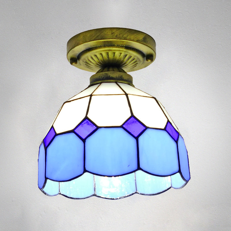 1������Head Flush Mount Light Classic Bell Shade Gridded Glass Semi Flush Ceiling Light Clearhalo 'Ceiling Lights' 'Close To Ceiling Lights' 'Close to ceiling' 'Glass shade' 'Glass' 'Semi-flushmount' 'Tiffany close to ceiling' 'Tiffany' Lighting' 2186406