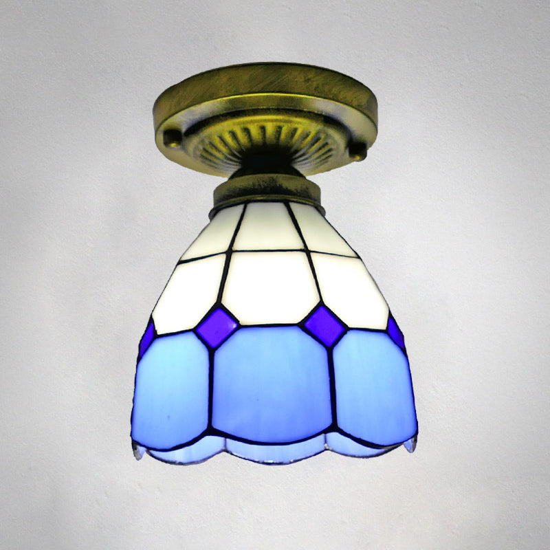 1������Head Flush Mount Light Classic Bell Shade Gridded Glass Semi Flush Ceiling Light Blue 6" Clearhalo 'Ceiling Lights' 'Close To Ceiling Lights' 'Close to ceiling' 'Glass shade' 'Glass' 'Semi-flushmount' 'Tiffany close to ceiling' 'Tiffany' Lighting' 2186407