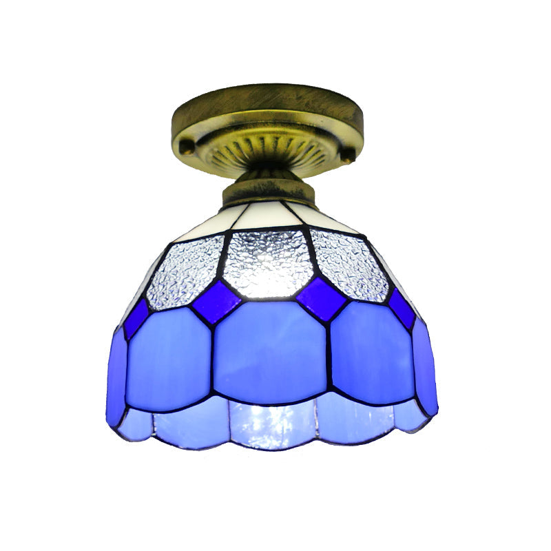 1������Head Flush Mount Light Classic Bell Shade Gridded Glass Semi Flush Ceiling Light Clearhalo 'Ceiling Lights' 'Close To Ceiling Lights' 'Close to ceiling' 'Glass shade' 'Glass' 'Semi-flushmount' 'Tiffany close to ceiling' 'Tiffany' Lighting' 2186409