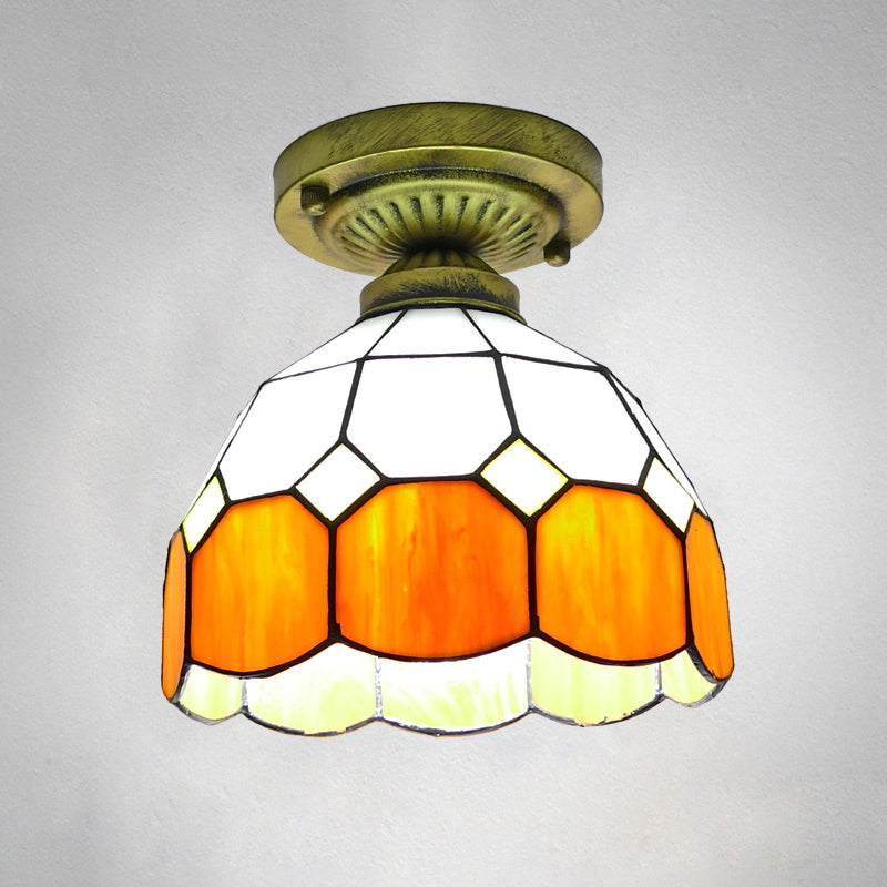 1������Head Flush Mount Light Classic Bell Shade Gridded Glass Semi Flush Ceiling Light Orange 8" Clearhalo 'Ceiling Lights' 'Close To Ceiling Lights' 'Close to ceiling' 'Glass shade' 'Glass' 'Semi-flushmount' 'Tiffany close to ceiling' 'Tiffany' Lighting' 2186411