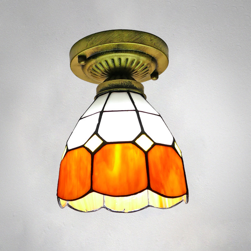 1������Head Flush Mount Light Classic Bell Shade Gridded Glass Semi Flush Ceiling Light Orange 6" Clearhalo 'Ceiling Lights' 'Close To Ceiling Lights' 'Close to ceiling' 'Glass shade' 'Glass' 'Semi-flushmount' 'Tiffany close to ceiling' 'Tiffany' Lighting' 2186413