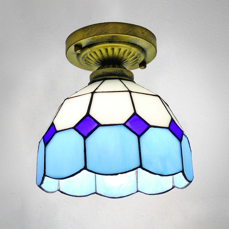 1������Head Flush Mount Light Classic Bell Shade Gridded Glass Semi Flush Ceiling Light Sky Blue 8" Clearhalo 'Ceiling Lights' 'Close To Ceiling Lights' 'Close to ceiling' 'Glass shade' 'Glass' 'Semi-flushmount' 'Tiffany close to ceiling' 'Tiffany' Lighting' 2186414