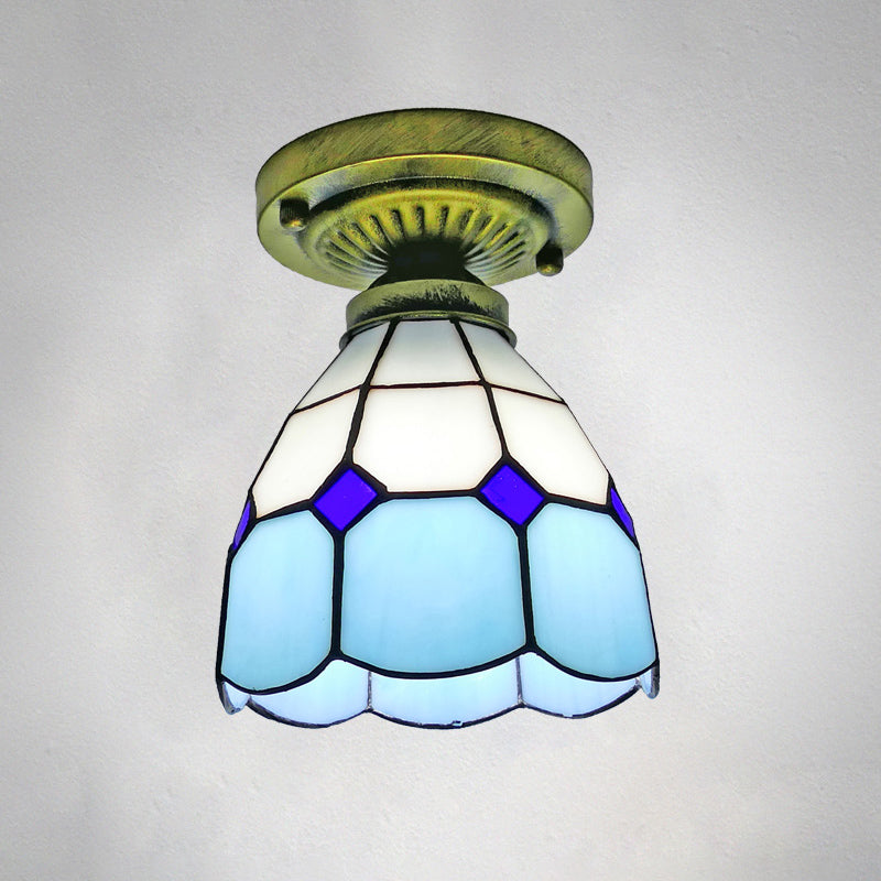 1������Head Flush Mount Light Classic Bell Shade Gridded Glass Semi Flush Ceiling Light Sky Blue 6" Clearhalo 'Ceiling Lights' 'Close To Ceiling Lights' 'Close to ceiling' 'Glass shade' 'Glass' 'Semi-flushmount' 'Tiffany close to ceiling' 'Tiffany' Lighting' 2186415